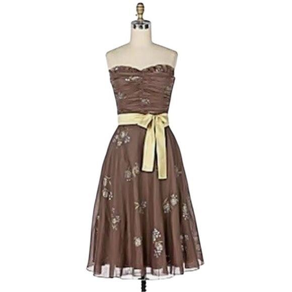 Anthro Brown Strapless Dress with Floral Details - Picture 3 of 4